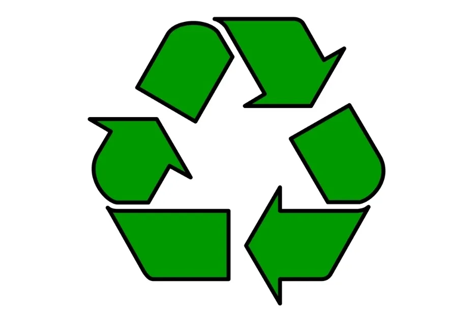 A green Mobius loop, the universal symbol for recycling, on a white background. This symbol indicates a product is safe for recycling.