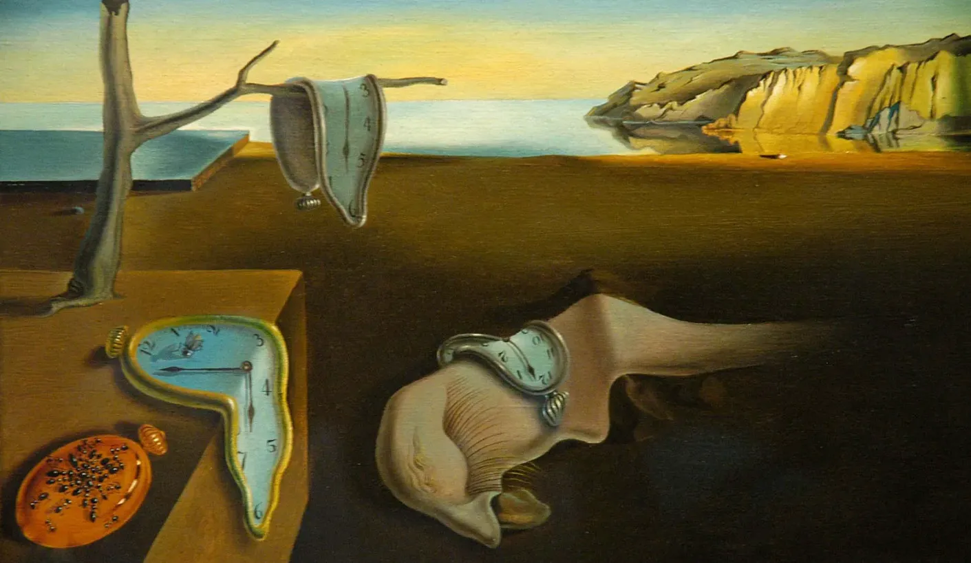 The famous artwork The Persistence of Memory by Salvador Dalí, featuring melting clocks in a surreal landscape.