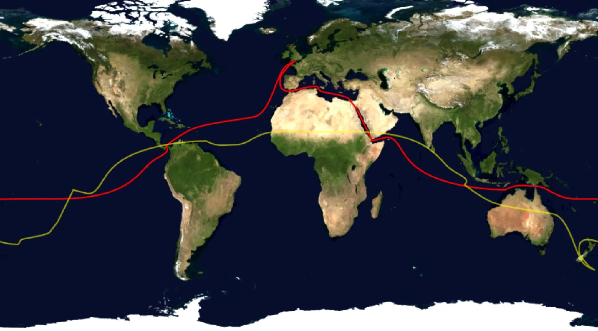World map showing the first circumnavigation of the Earth, a question from a General Knowledge Quiz about explorers.