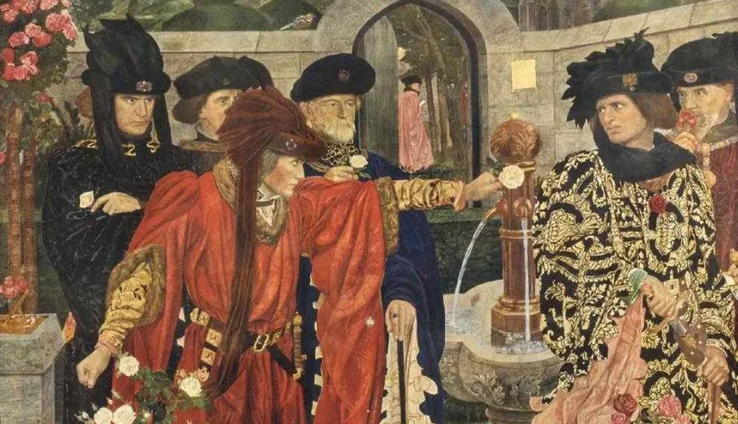Historical painting depicting figures in a garden, representing the Houses of York and Lancaster in the Wars of the Roses.