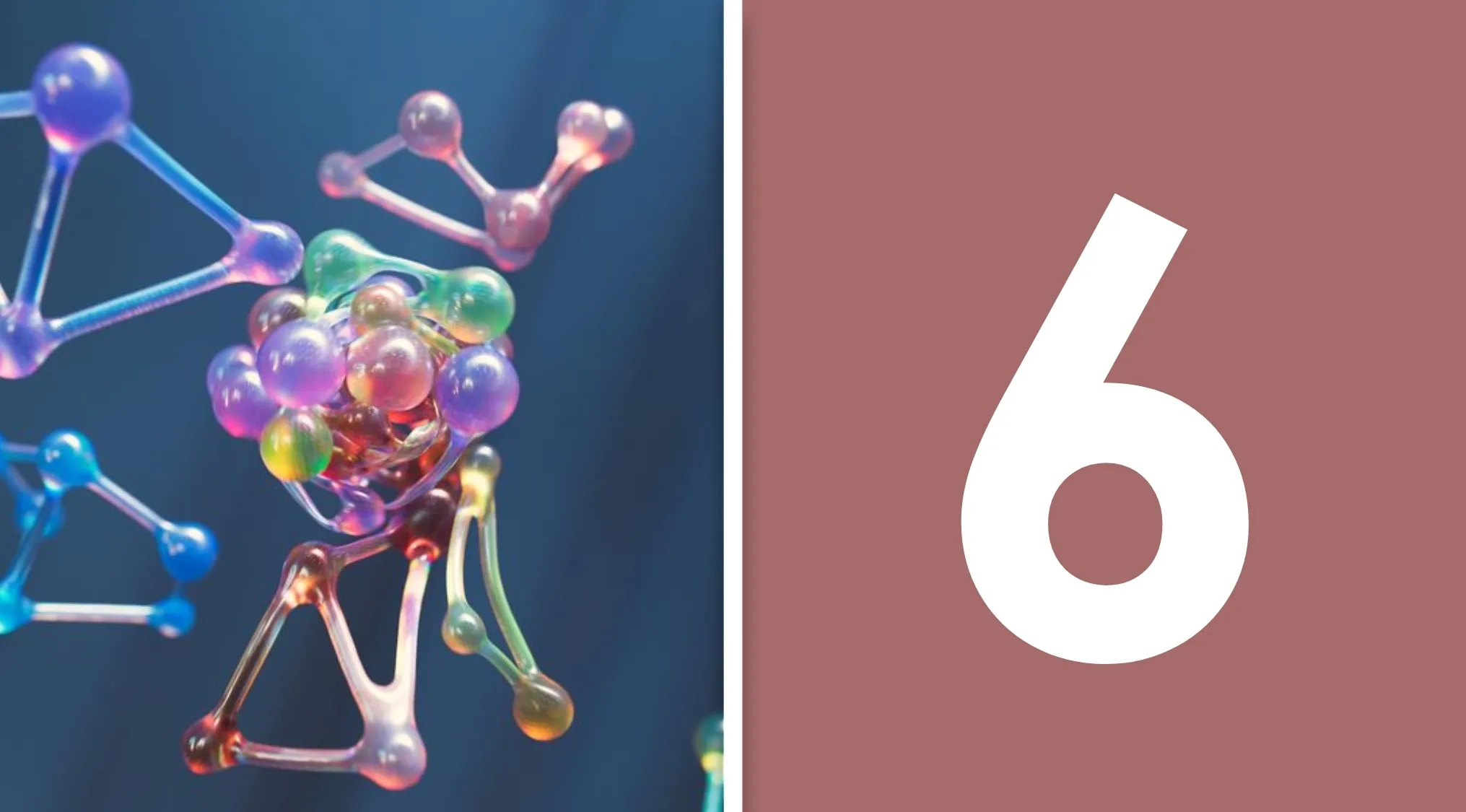 Abstract colorful molecular structures next to the number 6, representing the atomic number in a general knowledge quiz.
