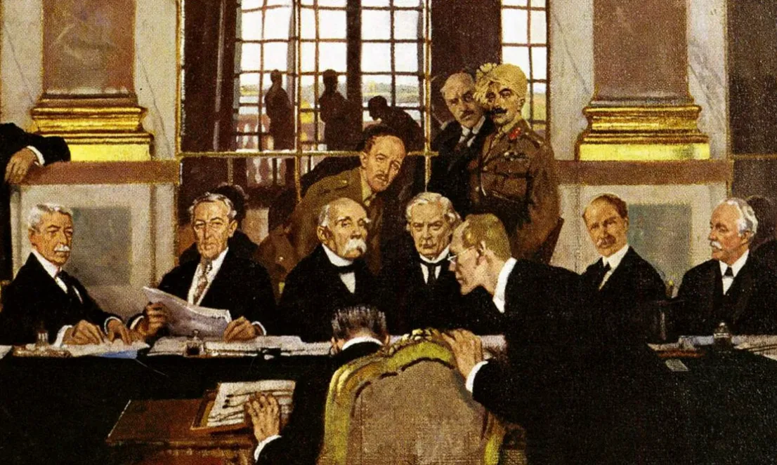 Historical painting depicting the signing of the Treaty of Versailles in 1919, officially ending World War I, for a general knowledge quiz.