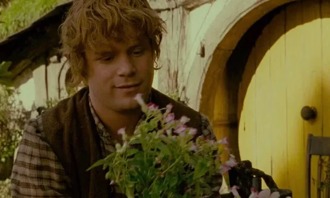 A general knowledge quiz image of Frodo's loyal companion, Samwise Gamgee, holding flowers outside a hobbit hole.