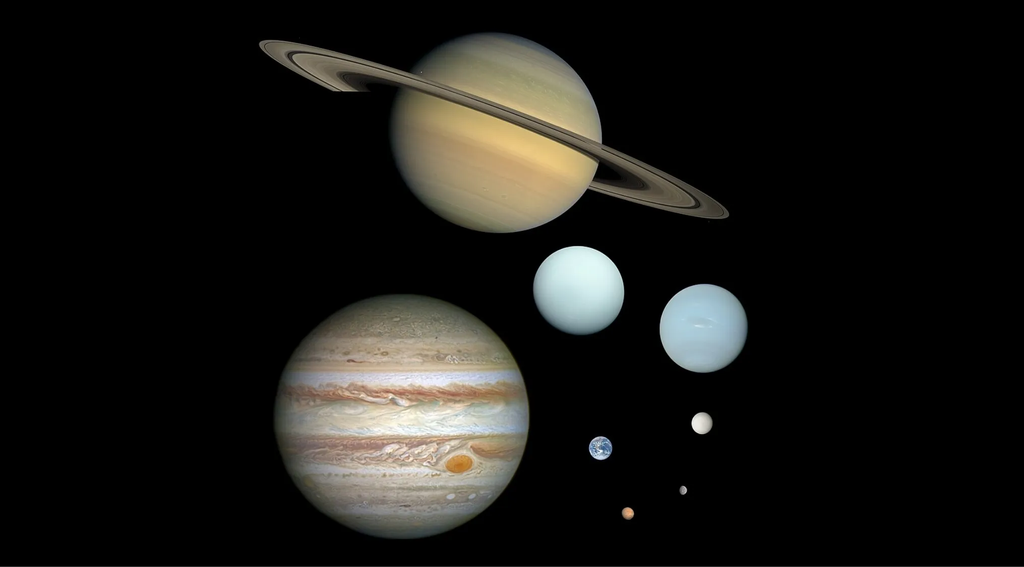 A general knowledge quiz image displaying the largest planet in our Solar System and other planets against a black background.