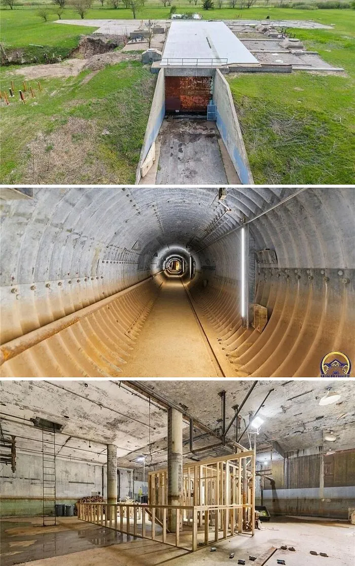 An aerial view of a desolate entrance to an underground bunker, a long concrete tunnel, and a vast industrial-style room under renovation, depicting unusual homes.