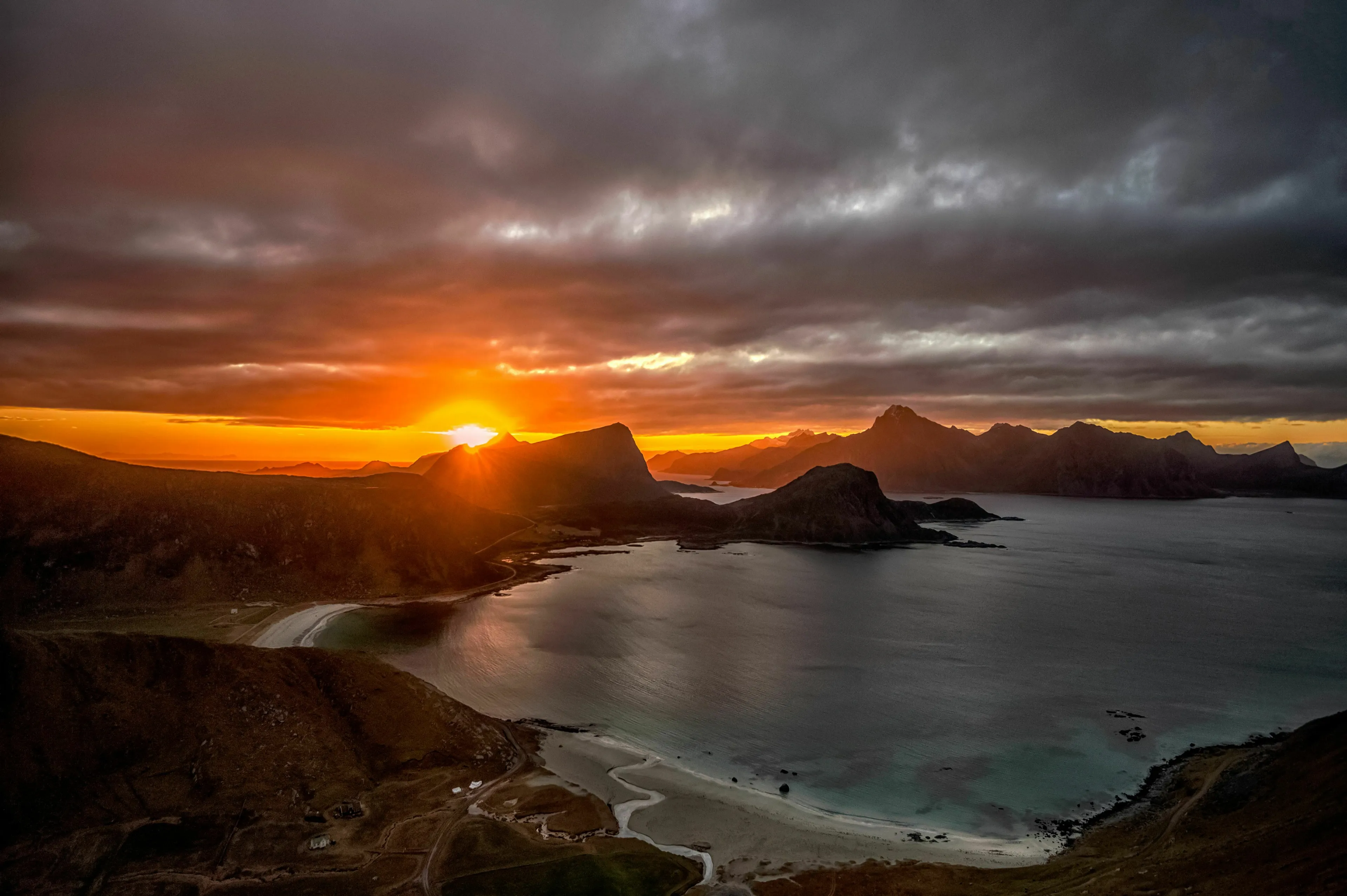 The longest day of the year in the Northern Hemisphere, known as the summer solstice, at sunset over a bay.