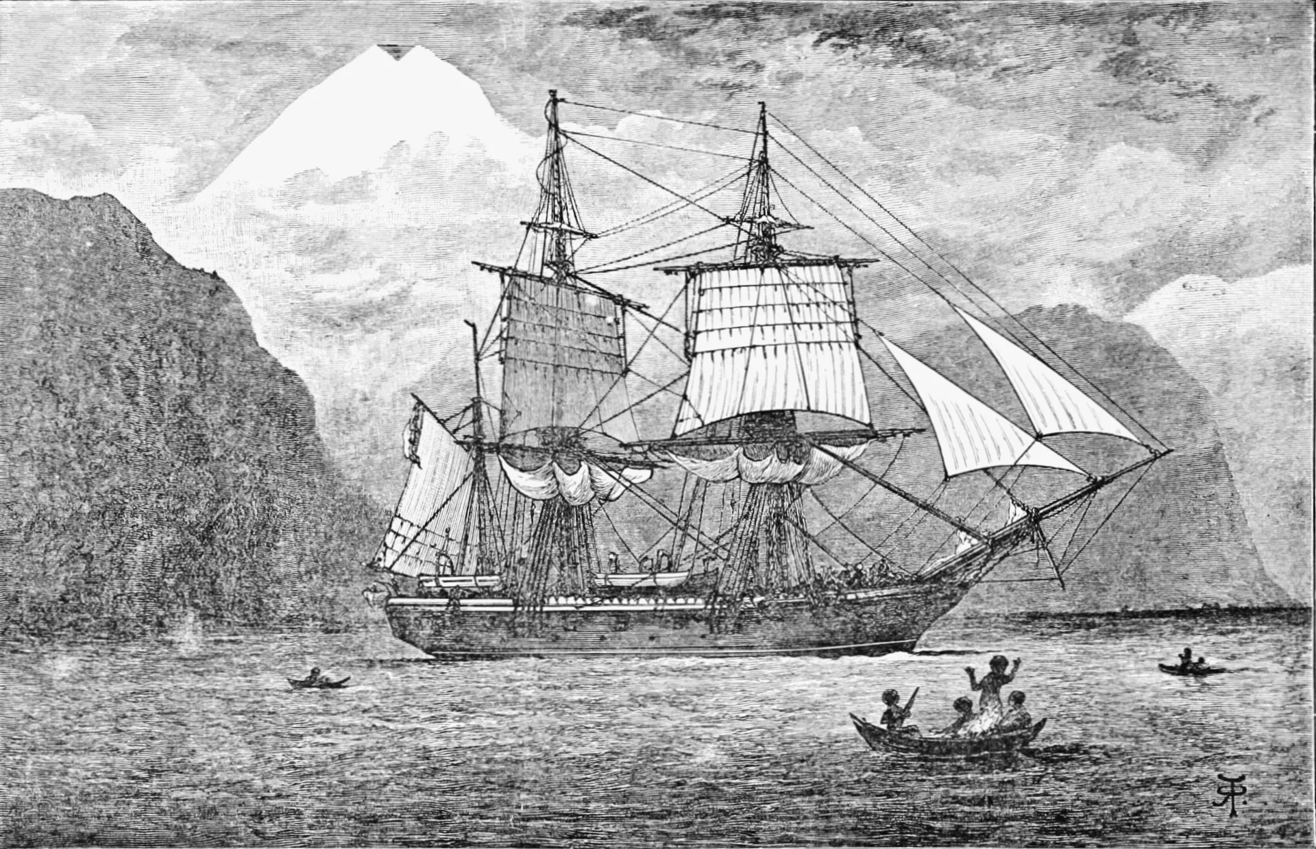 Pub trivia quiz: Historical ship sailing near a mountainous coast, with small boats nearby.