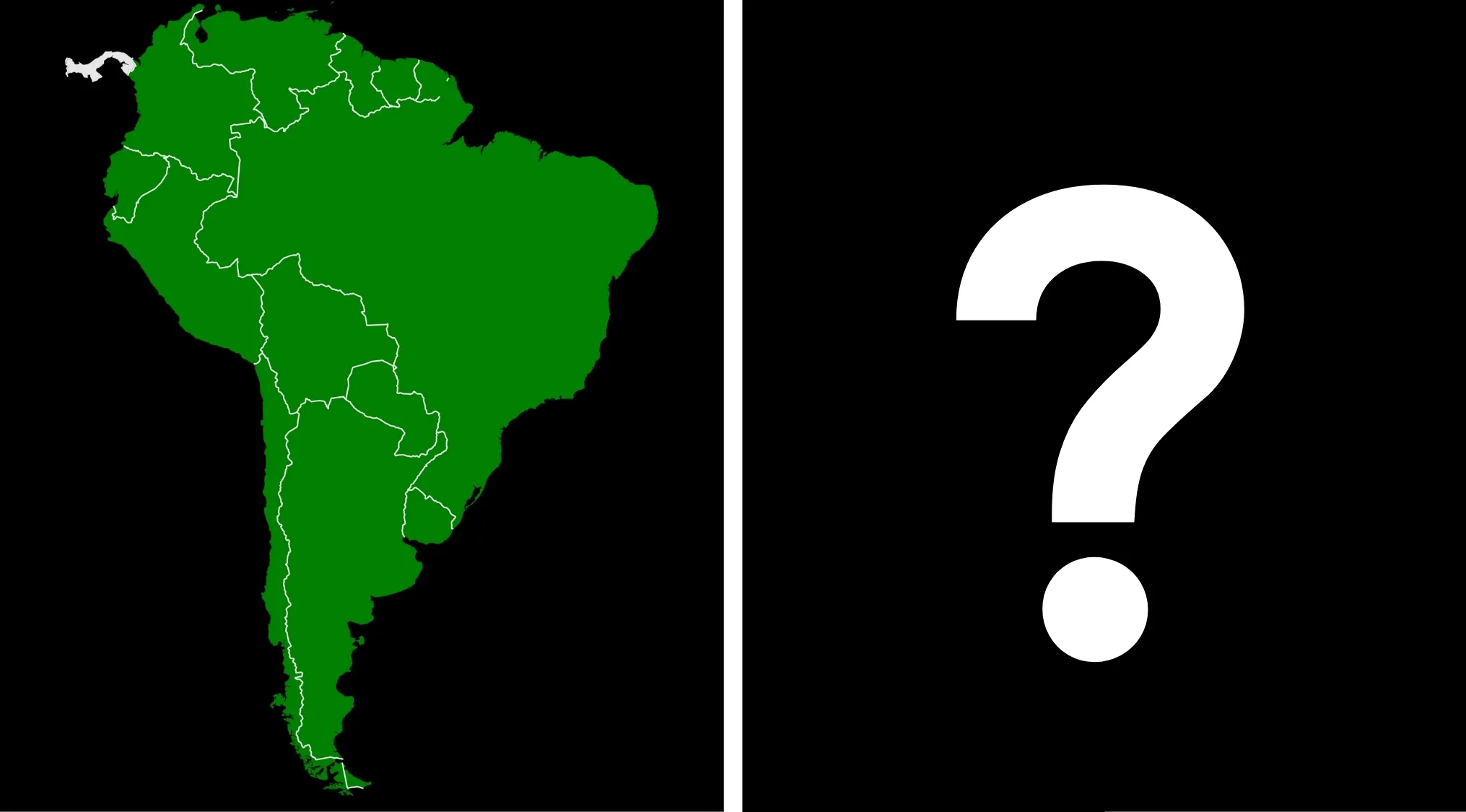 Pub trivia quiz: Map of South America next to a question mark, highlighting the largest country.
