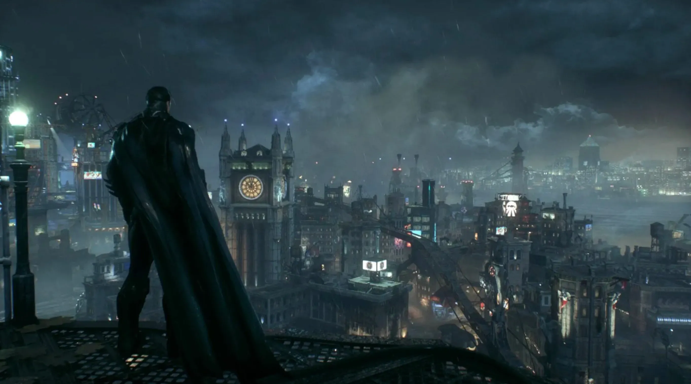 A dark image of a fictional city, with Batman overlooking it. The sky is dark and cloudy, suggesting a stormy night.