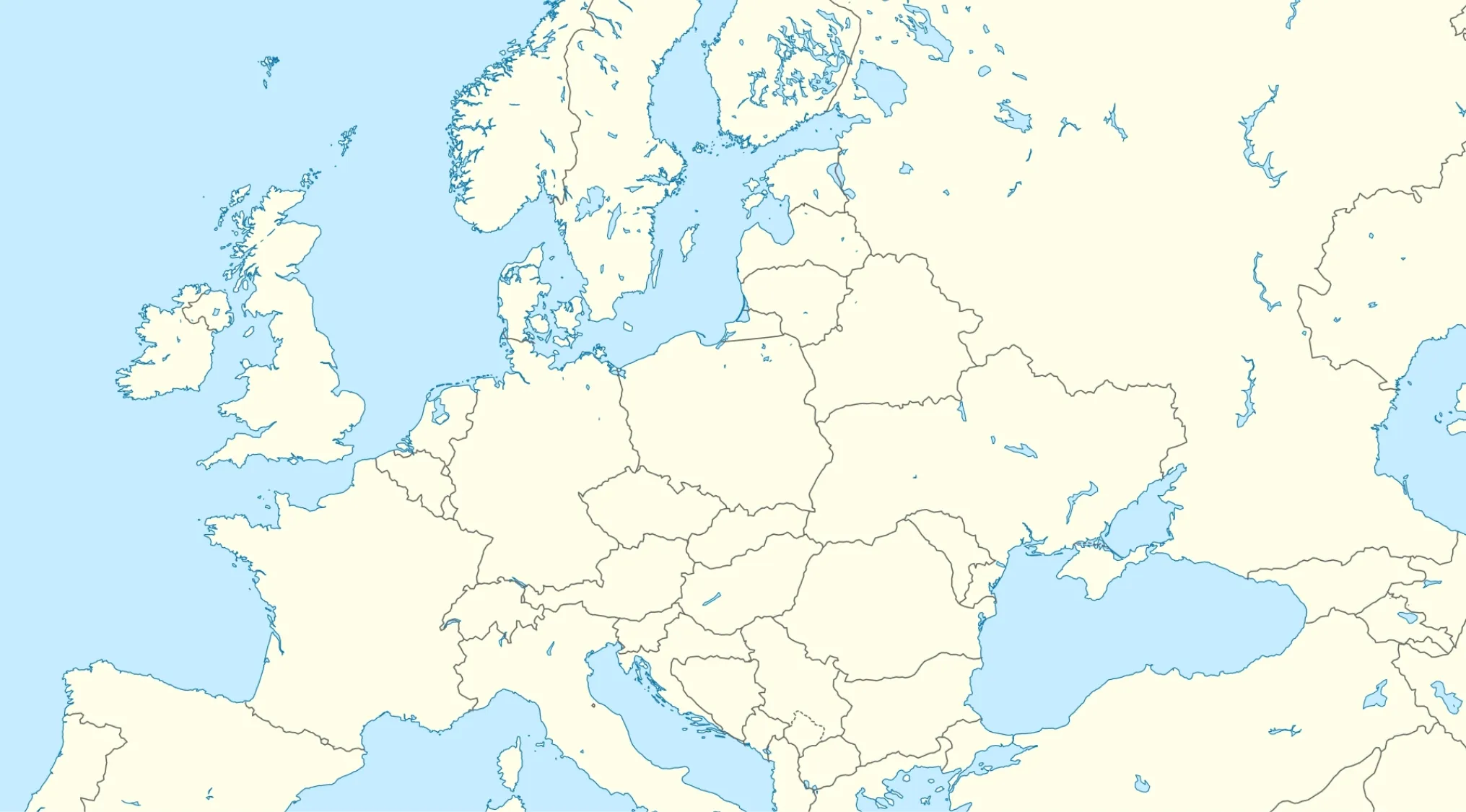 Map of Europe highlighting capital cities and islands, for a pub trivia quiz.