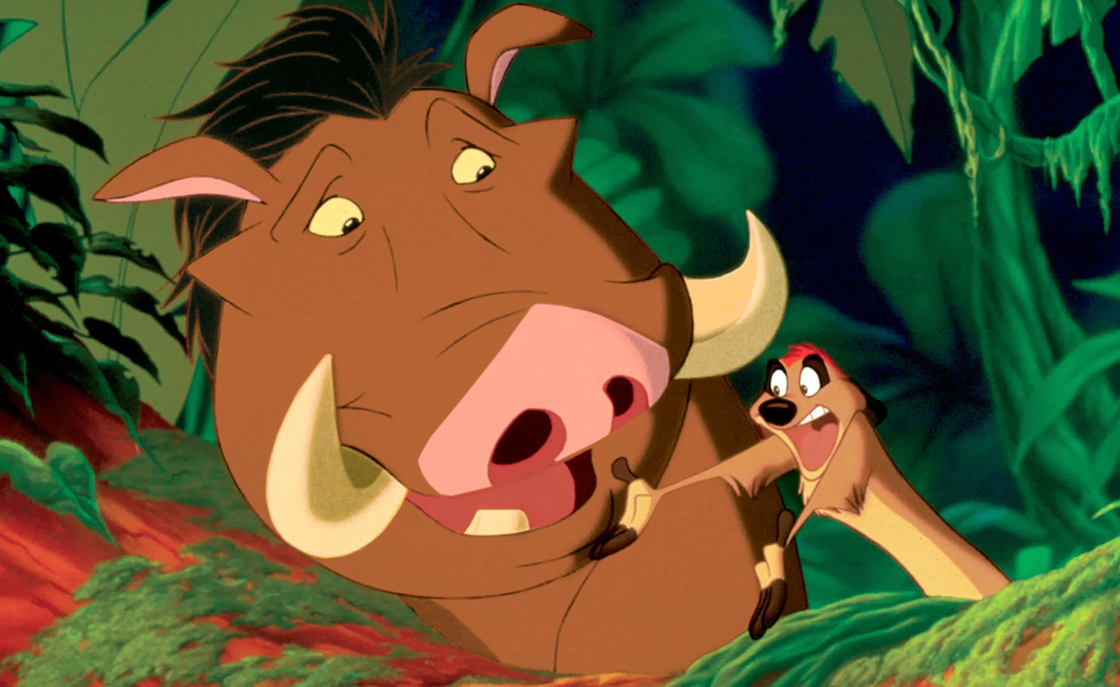 Pub Trivia Quiz: Timon and Pumbaa, animated characters from The Lion King, looking surprised in a jungle setting.