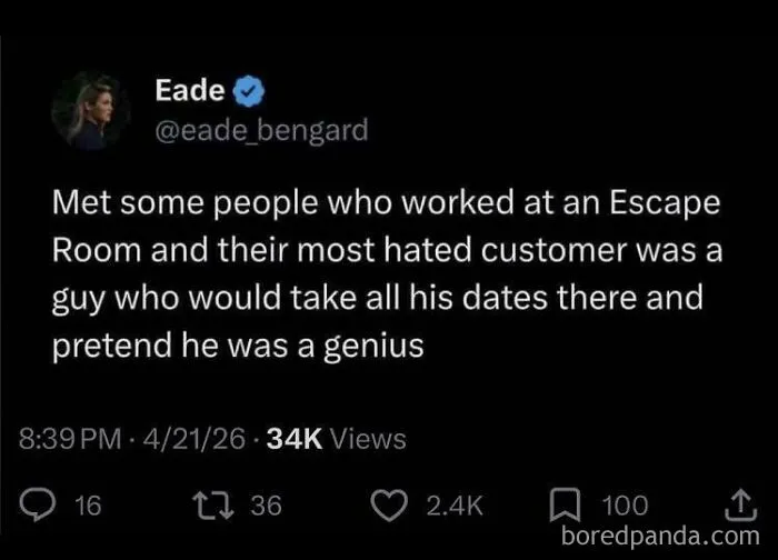A relatable meme from X (formerly Twitter) about a man who takes his dates to an escape room and pretends to be a genius.