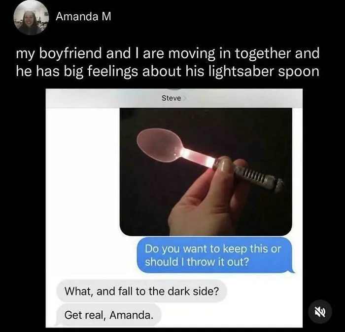 A relatable meme showing a text conversation about a boyfriend's lightsaber spoon, with a picture of the glowing spoon.