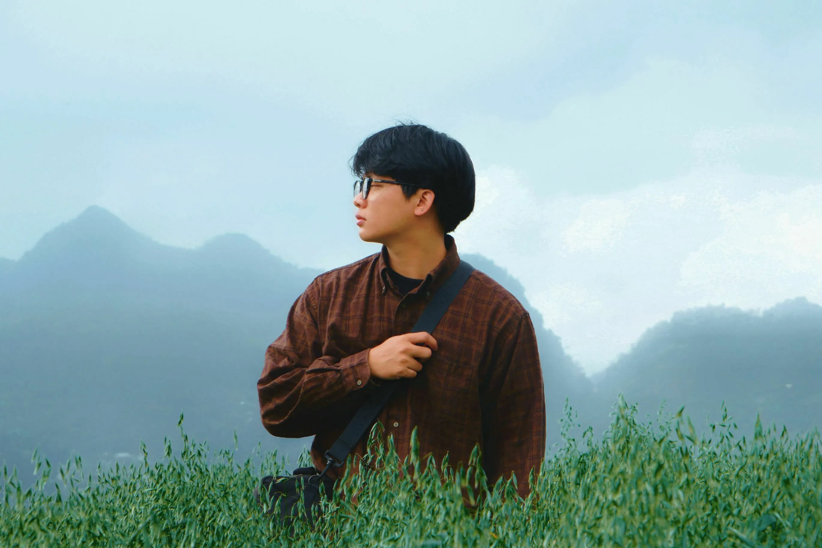 Pick a word: A young man with glasses and a brown shirt stands in a field of green plants, looking out at misty mountains.