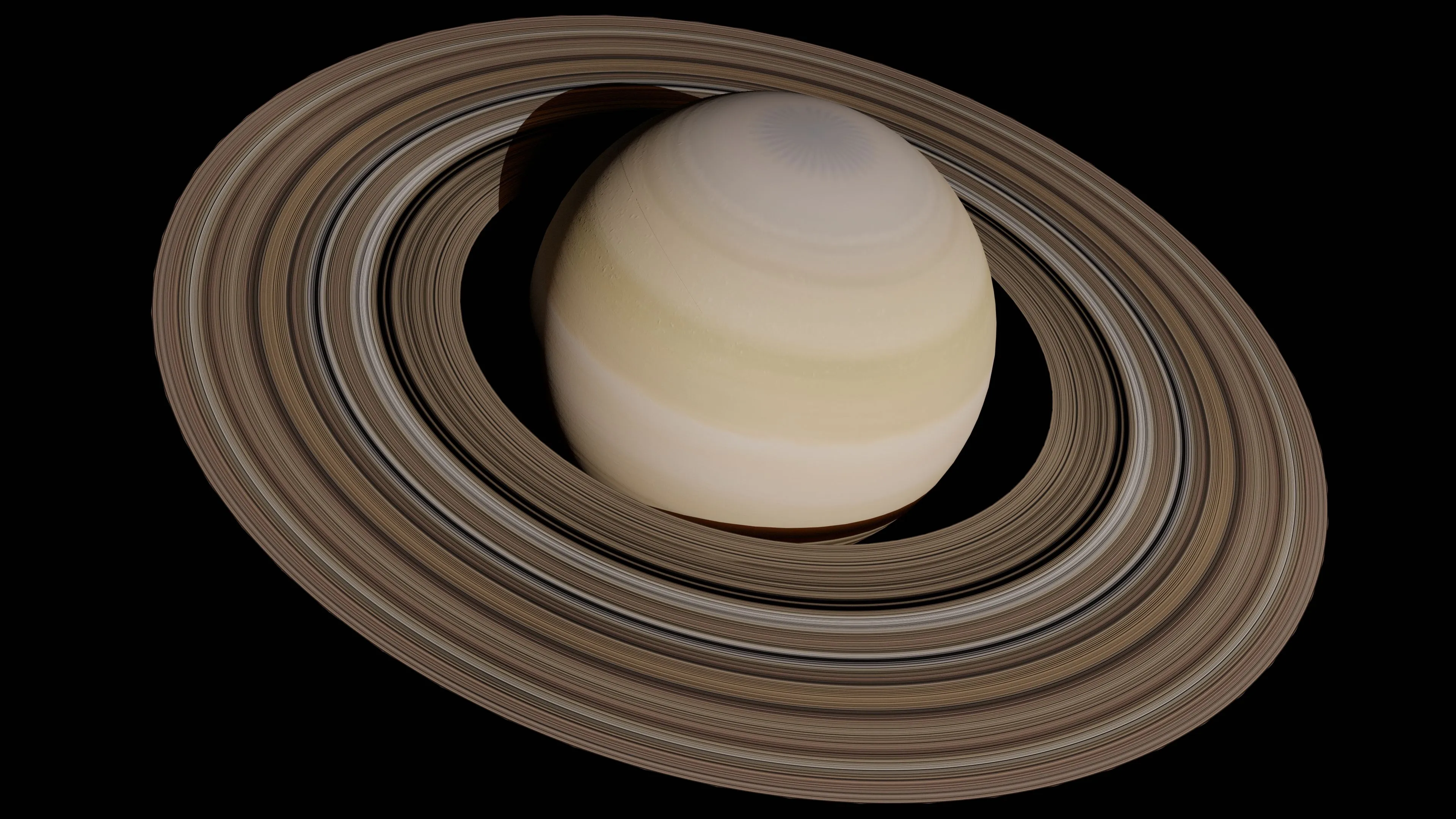 Saturn: Close-up view of the planet Saturn with its prominent rings, against a dark background.