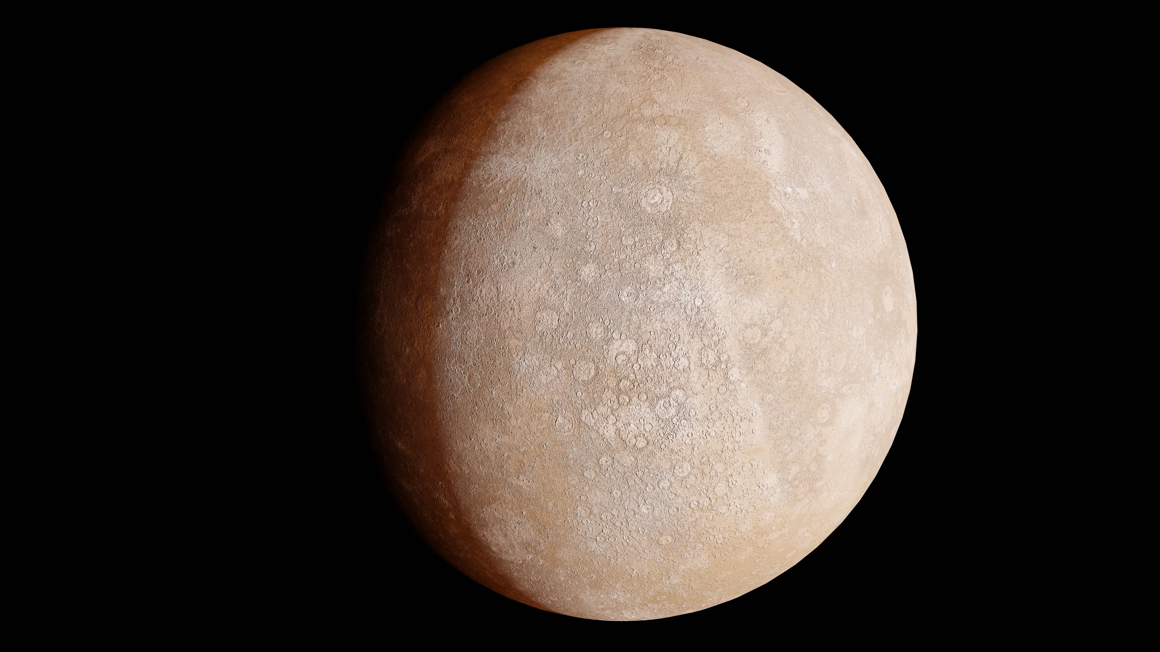 A close-up of Mercury, revealing its heavily cratered surface and rocky texture, partially illuminated in dark space.