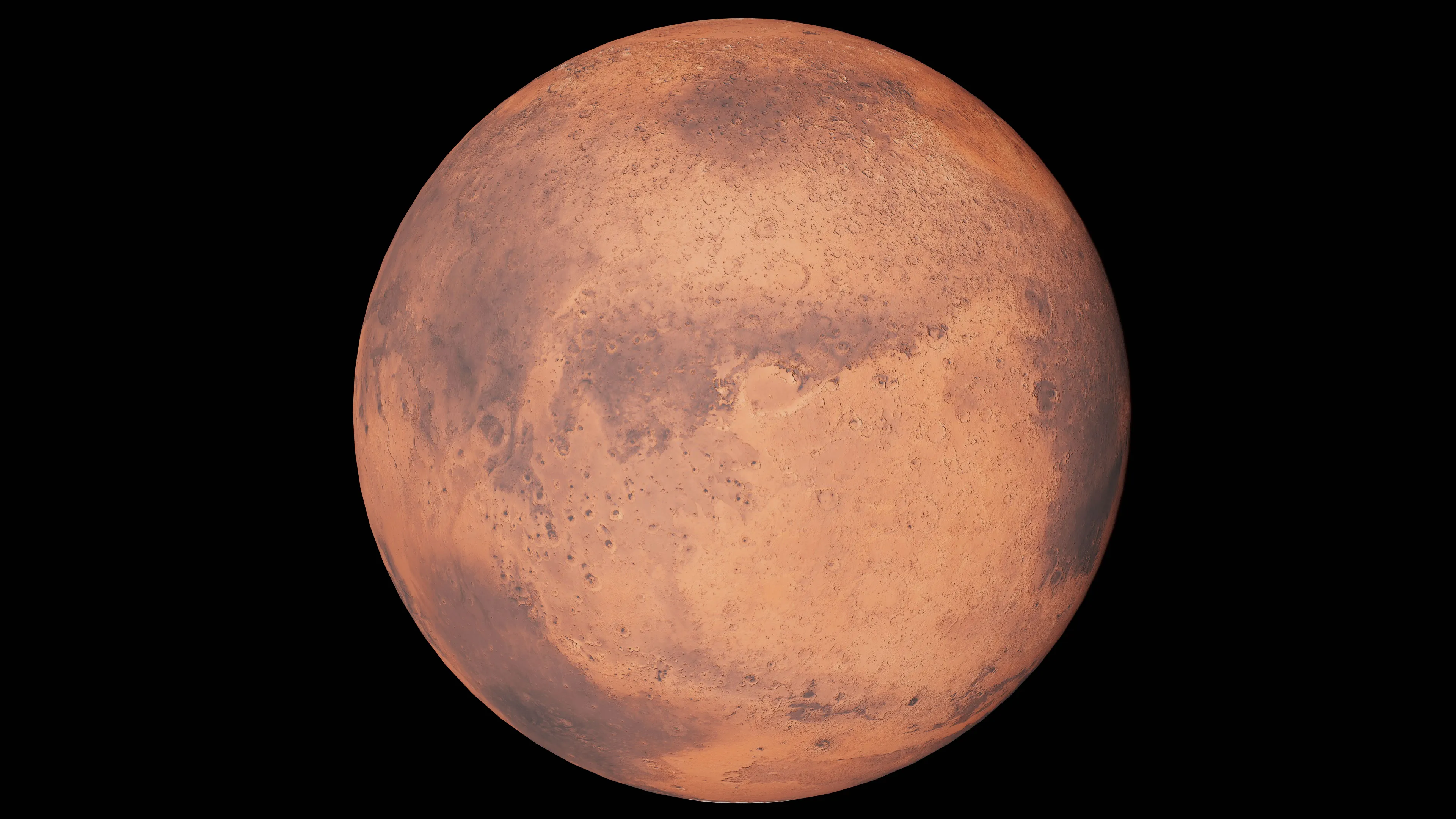 An image of the planet Mars, displaying its distinctive red-orange hue and varied surface features, in a dark space.