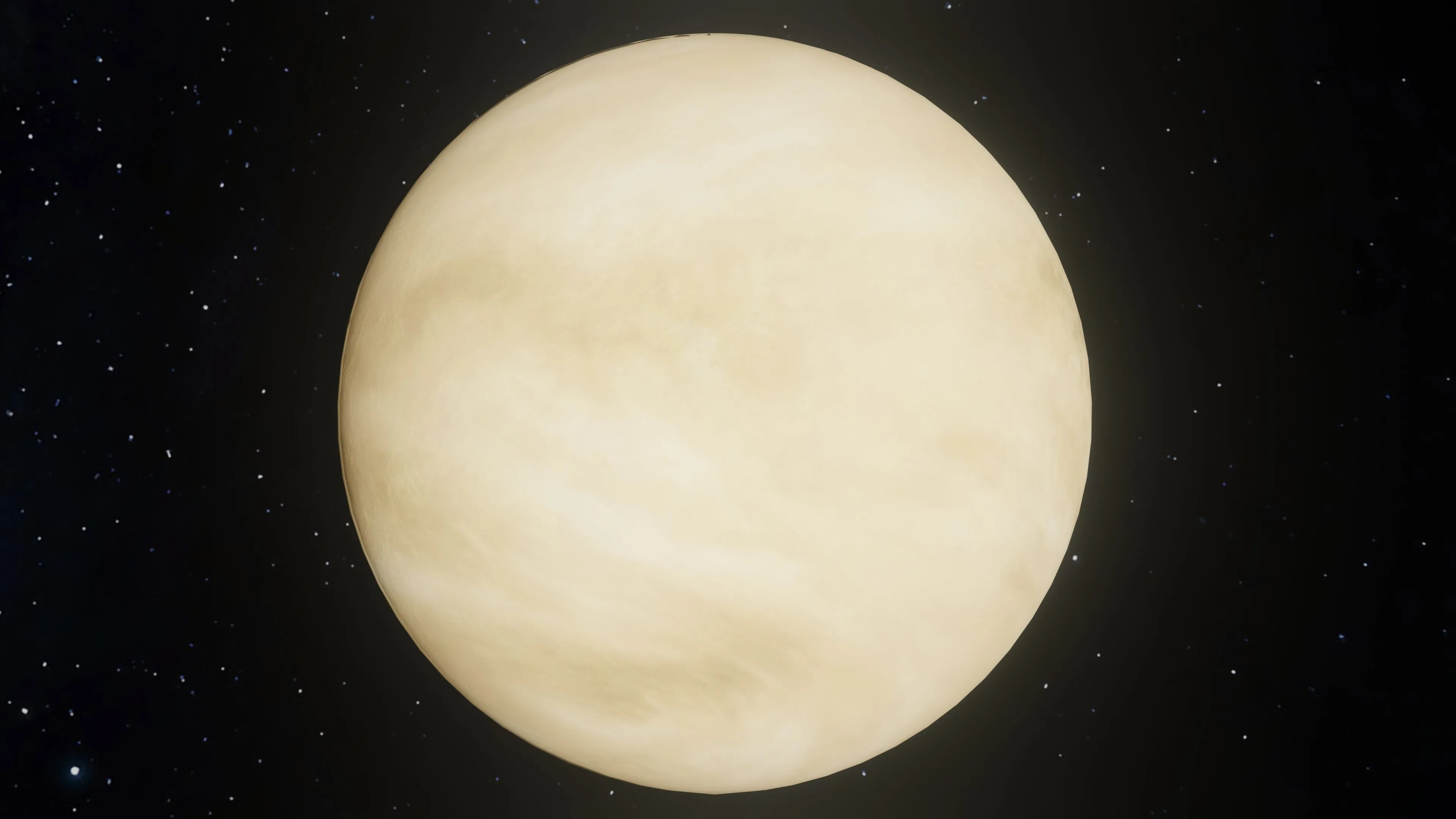 A detailed view of the planet Venus, showcasing its creamy, cloudy atmosphere, set against a dark, star-filled space.