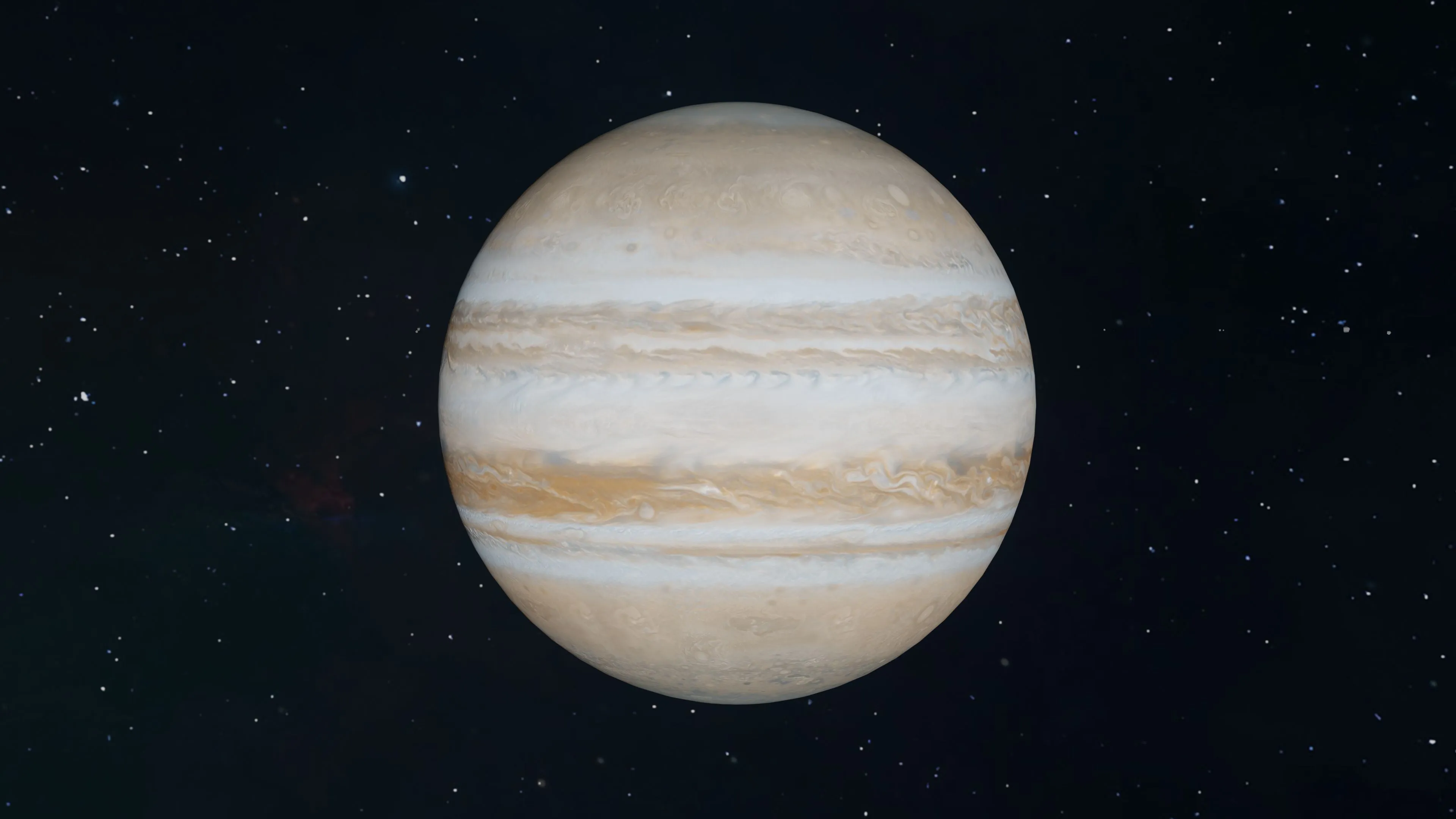 The gas giant Jupiter, featuring its iconic bands of white and orange clouds, set against a backdrop of distant stars.