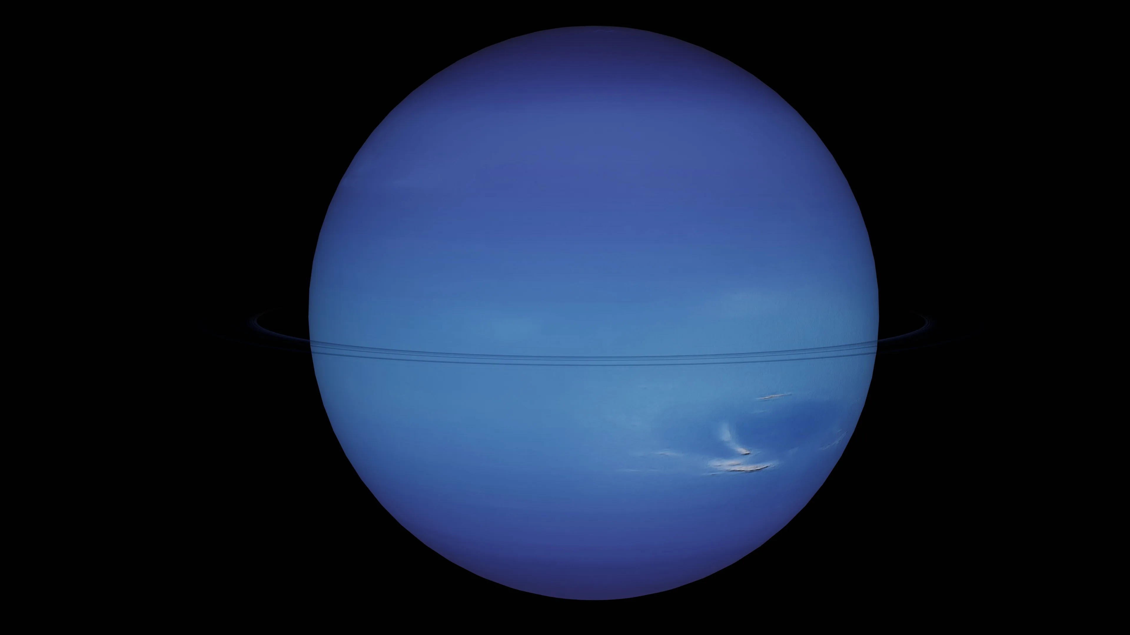 The planet Neptune, vibrant blue, with faint ring systems and subtle cloud patterns, against a dark starry background.
