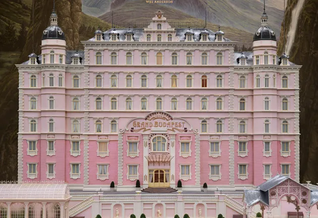 The Grand Budapest Hotel, a large, ornate pink hotel, a key movie setting.