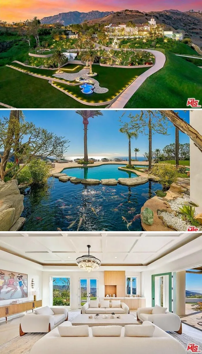Luxury cool and unusual home on a hill with a sprawling green landscape, a koi pond, and an elegant white living room.