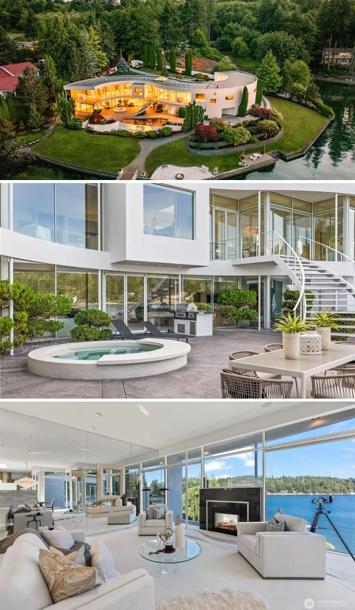 A modern, cool unusual home by the water, featuring a sleek patio with a hot tub and an elegant, open-plan interior.