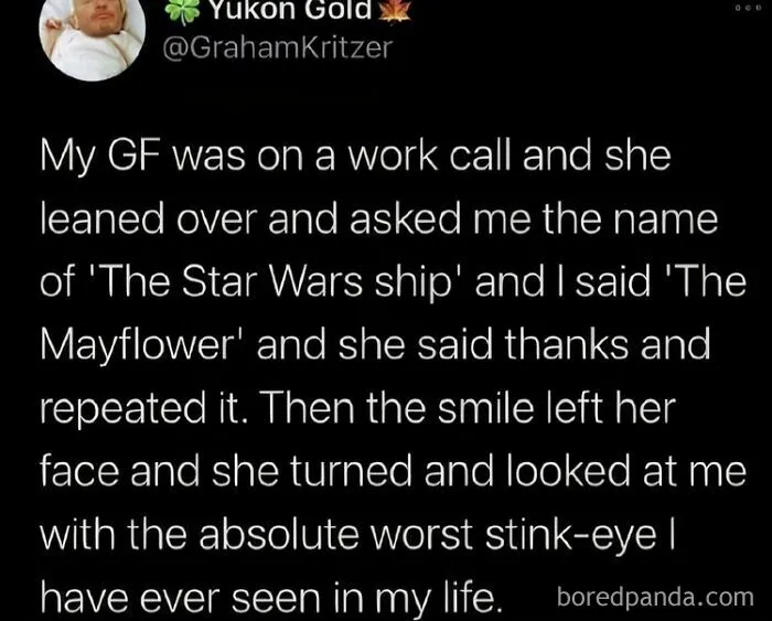 A relatable meme about calling a Star Wars ship The Mayflower. Text on a black background.
