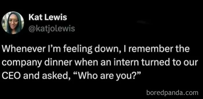 A relatable meme from Kat Lewis about an intern asking a CEO Who are you? during a company dinner.