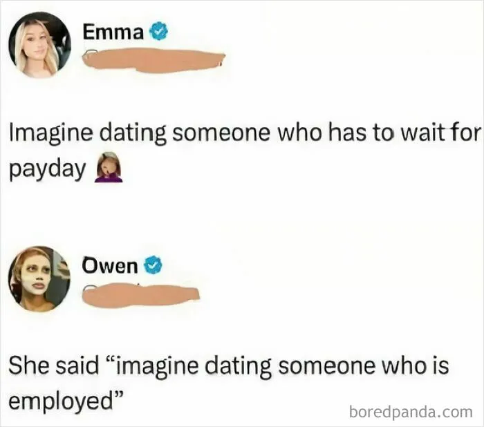 A relatable meme showing a Twitter exchange about dating and employment differences.