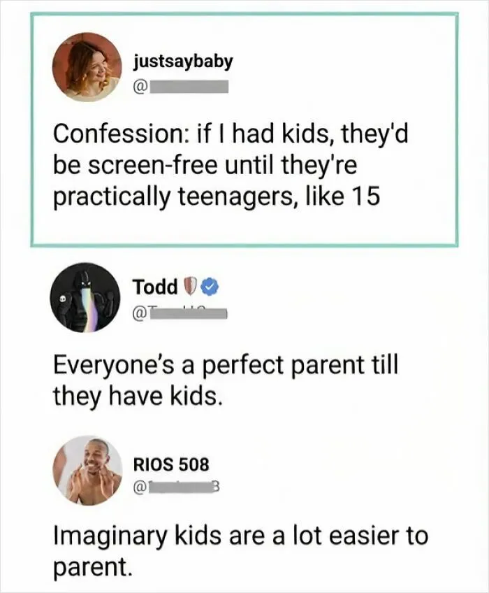 A relatable meme showing tweets about the challenges of parenting and having kids, especially regarding screen time.
