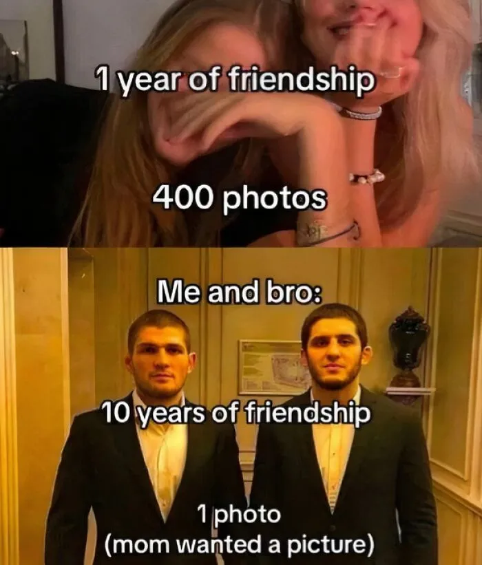A relatable meme illustrating the difference in photo-taking frequency between female and male friendships.