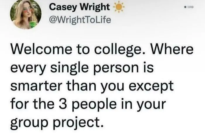 A relatable meme from Casey Wright about college group projects and feeling less smart.