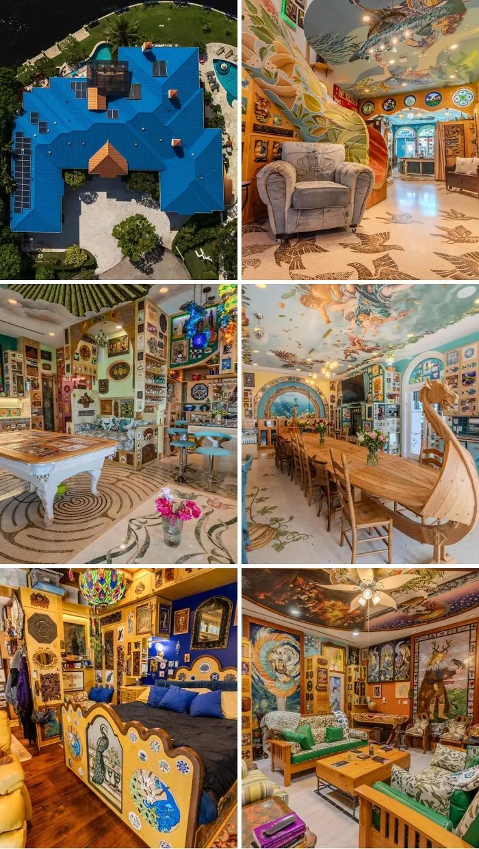 An aerial shot of a cool, unusual home with a vibrant blue roof, featuring multiple unique rooms with intricate, colorful decor.