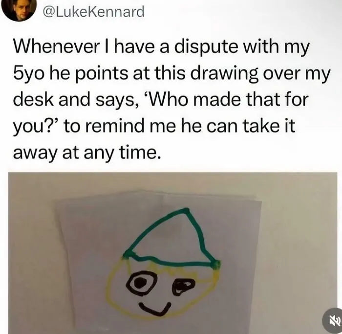 A tweet describing a 5-year-old using a drawing to assert dominance, a relatable parenting meme.