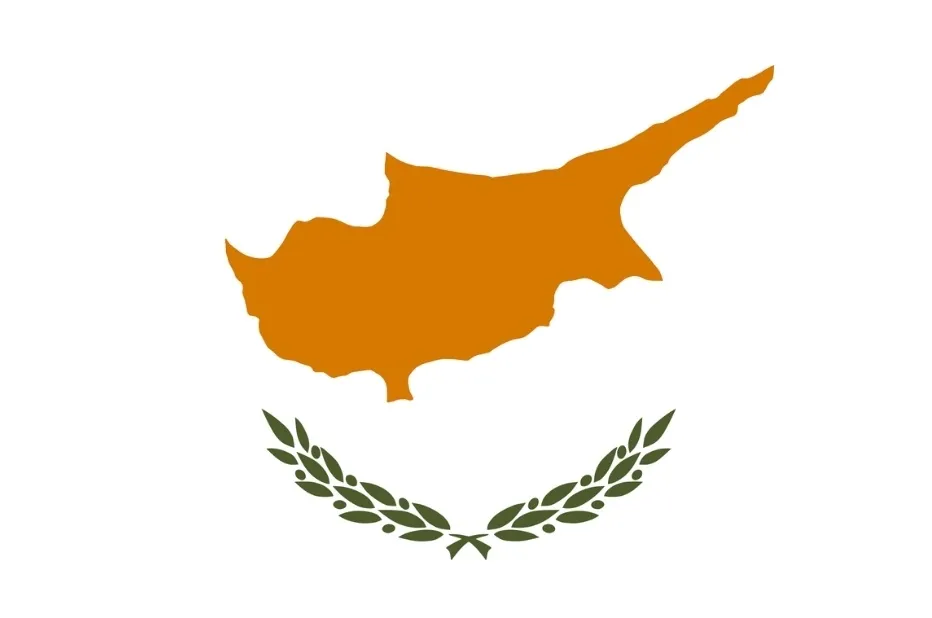 Flag of Cyprus: white background with an orange map of Cyprus and olive branches. San Marino flag not shown.