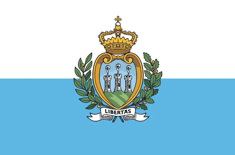 San Marino flag: white and light blue horizontal bands with the national coat of arms centered.
