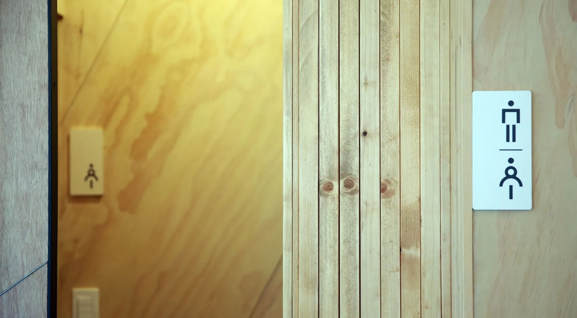 American vs Brit Words: Toilet signs on wooden doors. A Brit would ask for the loo, an American would ask for the restroom.
