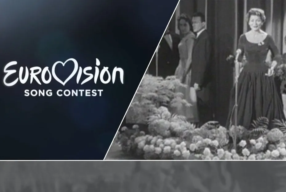 A split image with the Eurovision Song Contest logo and a black and white photo of the first Eurovision Song Contest performance.