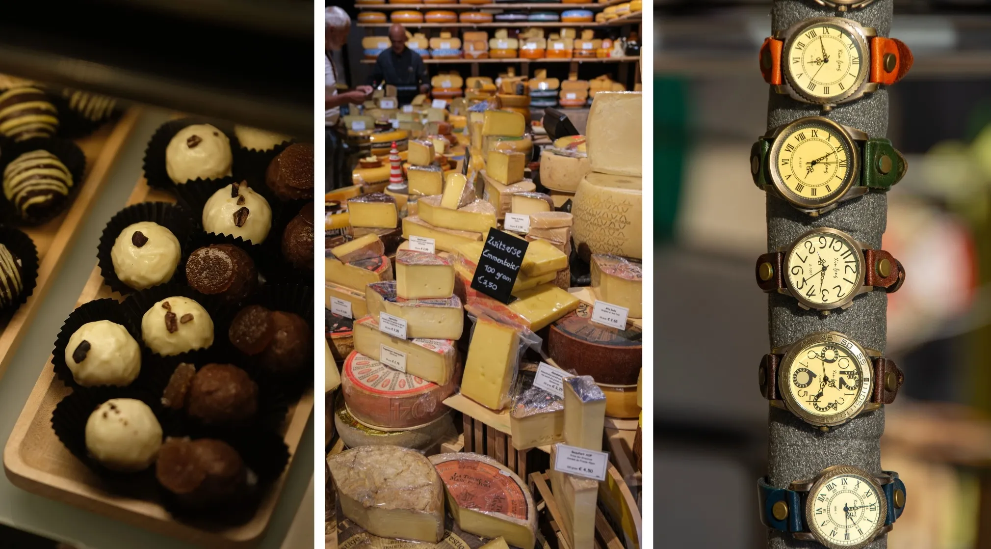 A collage of chocolate truffles, a market stall overflowing with cheese, and multiple watches on display.