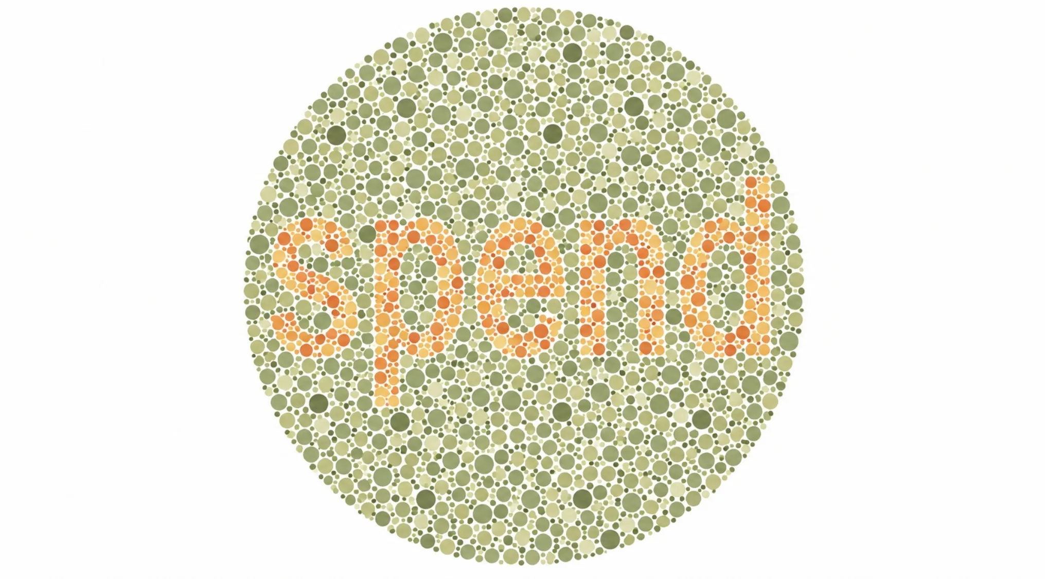 Color blindness test image revealing the word Spend in orange dots against a background of green and yellow dots.