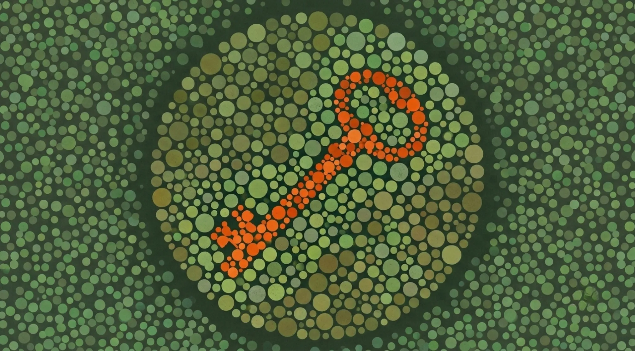 Color blindness test image displaying a key object in red dots against a dark green and brown dotted background.
