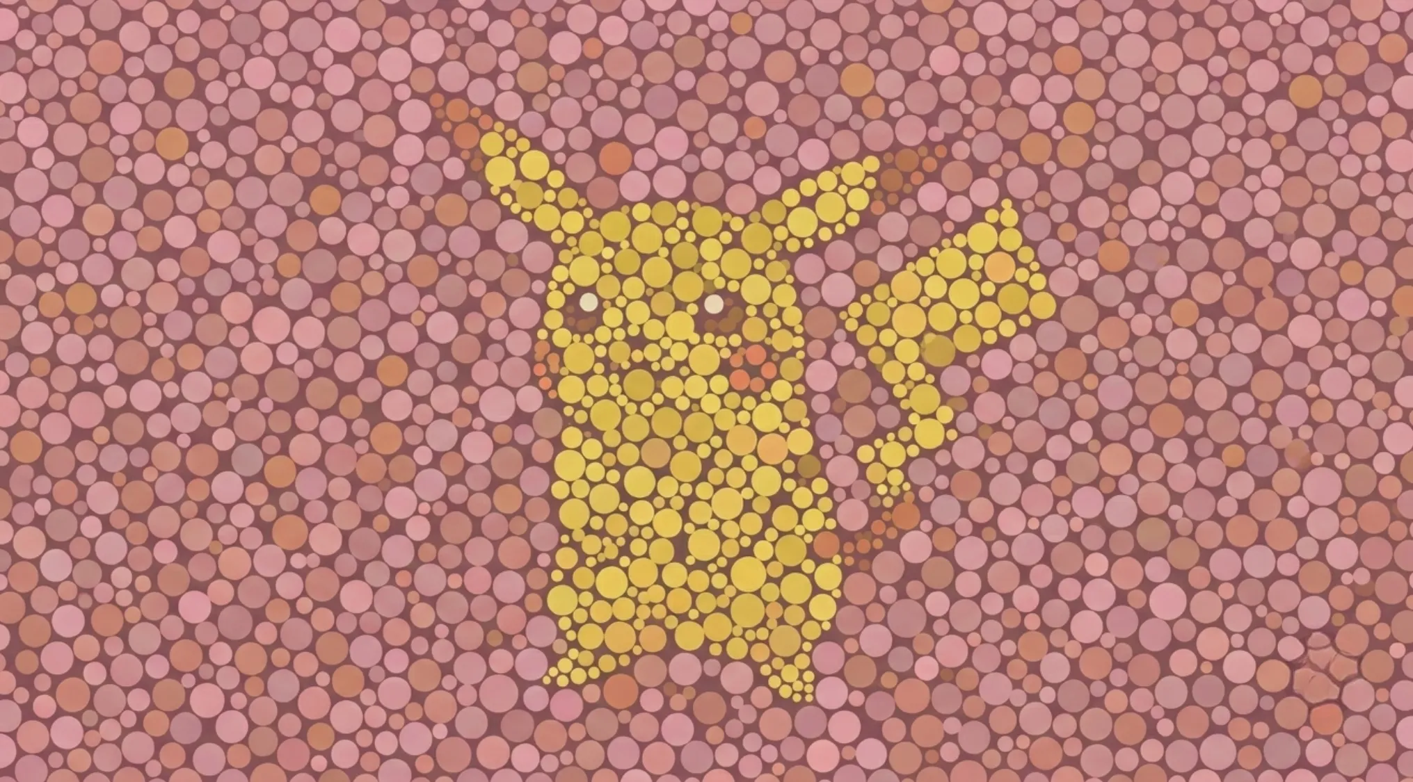 Color blindness test image showing an animated character, Pikachu, hidden among red and pink dots.