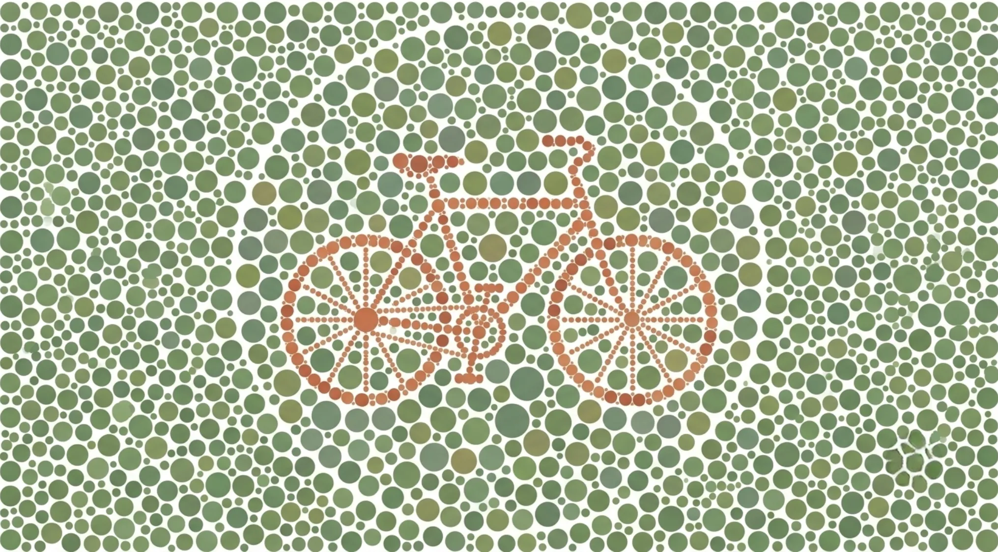 Color blindness test image, part 6, showing a bicycle object hidden among green and brown dots.