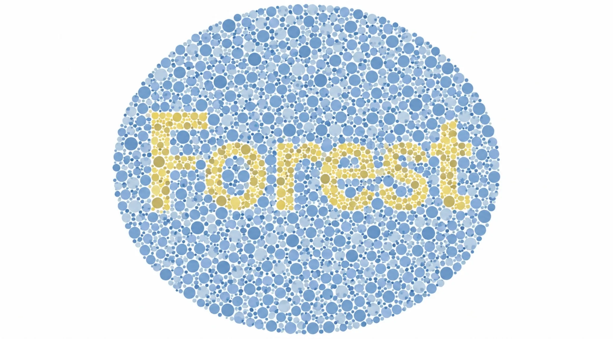 Color blindness test image, part 6, showing the word Forest hidden among blue and yellow dots.