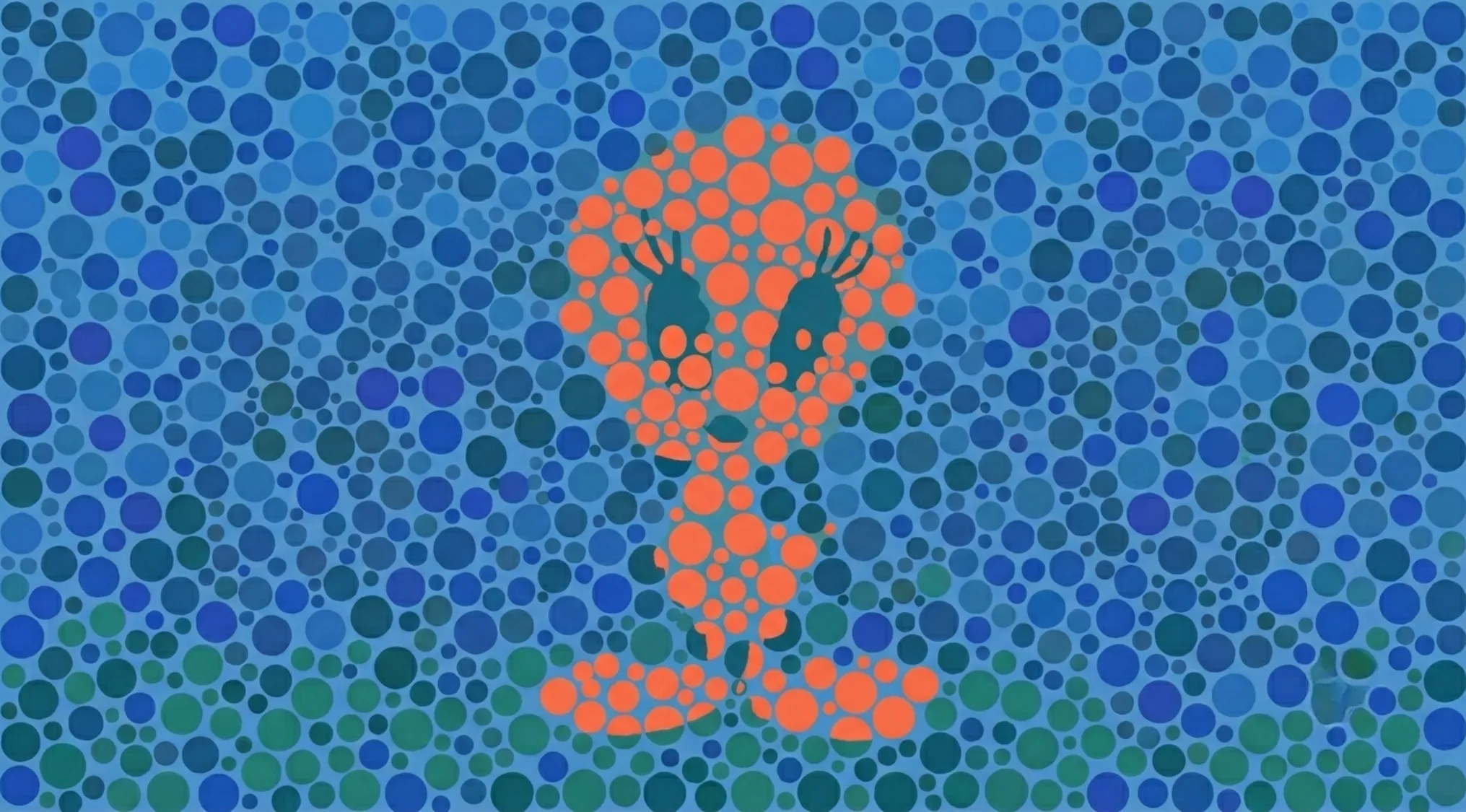 Color blindness test with Tweety Bird, an animated character, hidden in a field of blue and green dots.