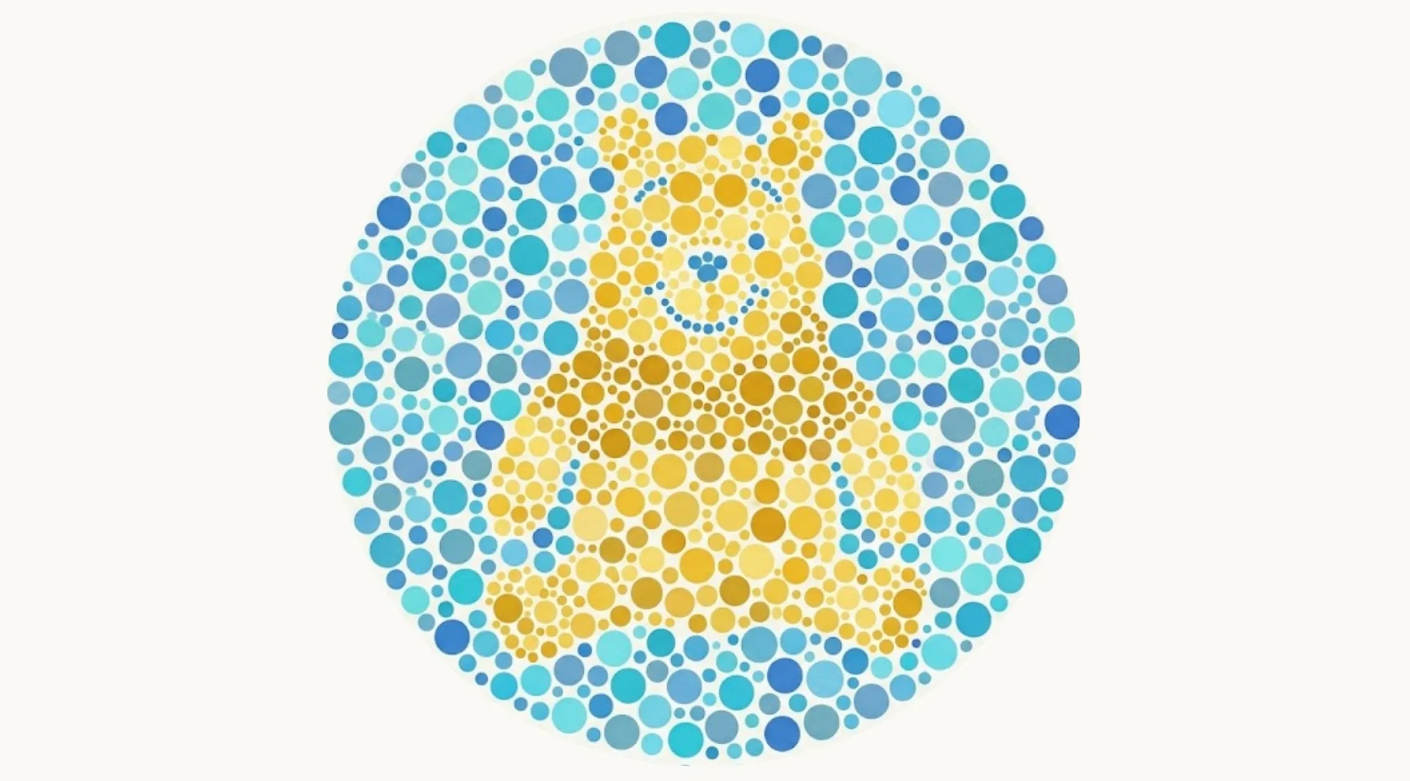 Color blindness test with Winnie the Pooh, an animated character, hidden in blue and yellow dots.