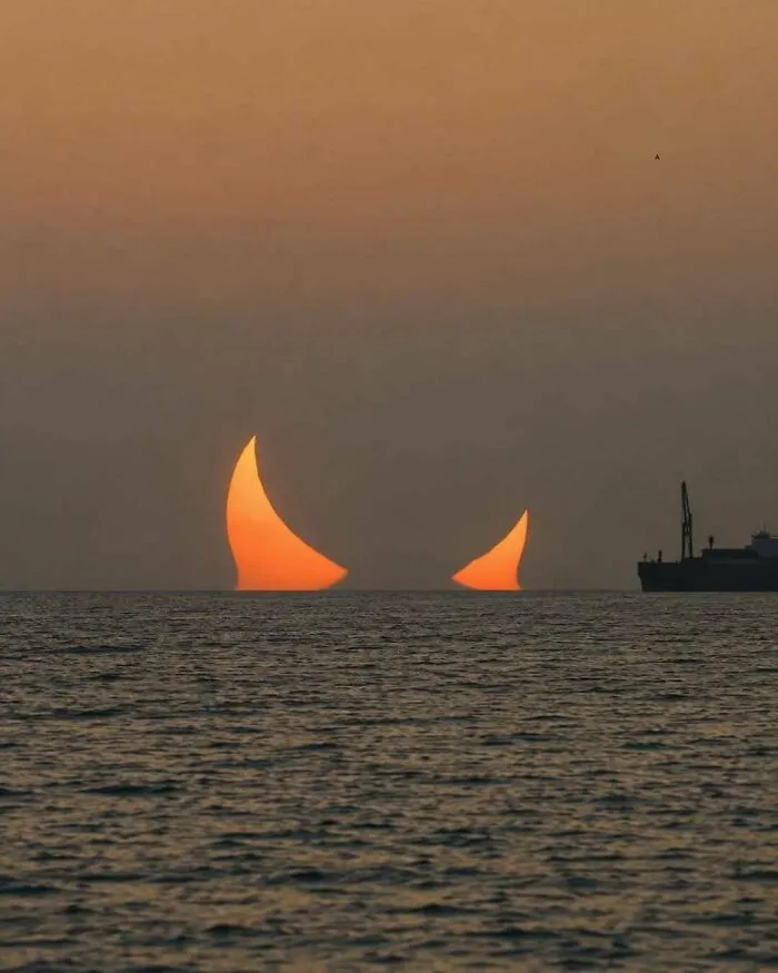 Photographer Elias Chasiotis Captured This Iconic "Devil Horns" Sunrise During The Annular Solar Eclipse On December 26, 2019, From Al Wakrah, Qatar