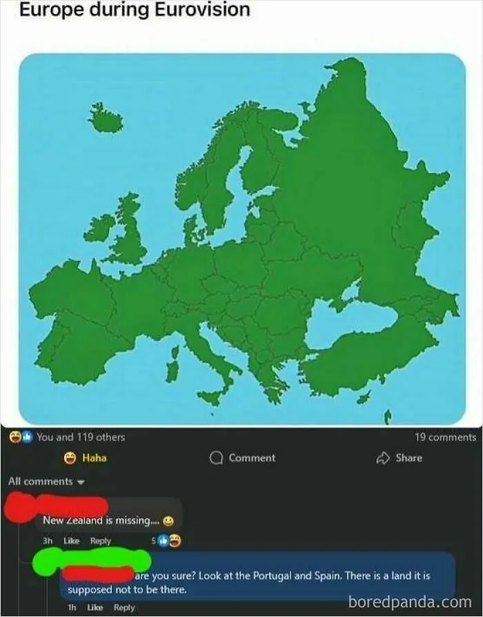 A map of Europe during Eurovision, with comments mistaking New Zealand for a missing country, an iconic self-burn.
