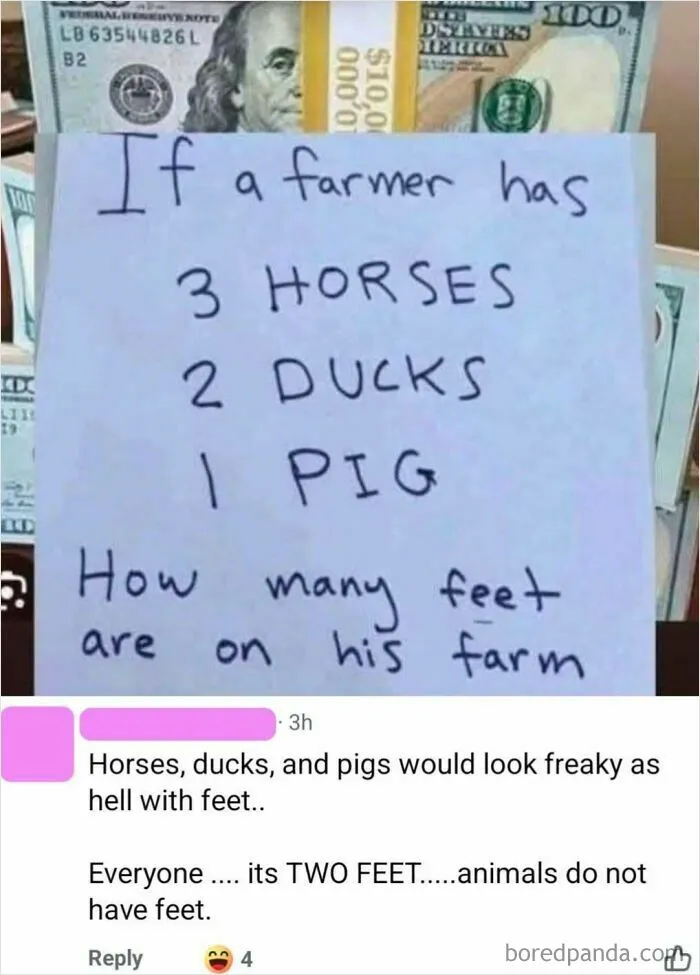 A social media post presenting a riddle about farm animals and feet, leading to an iconic self-burn in the comments.